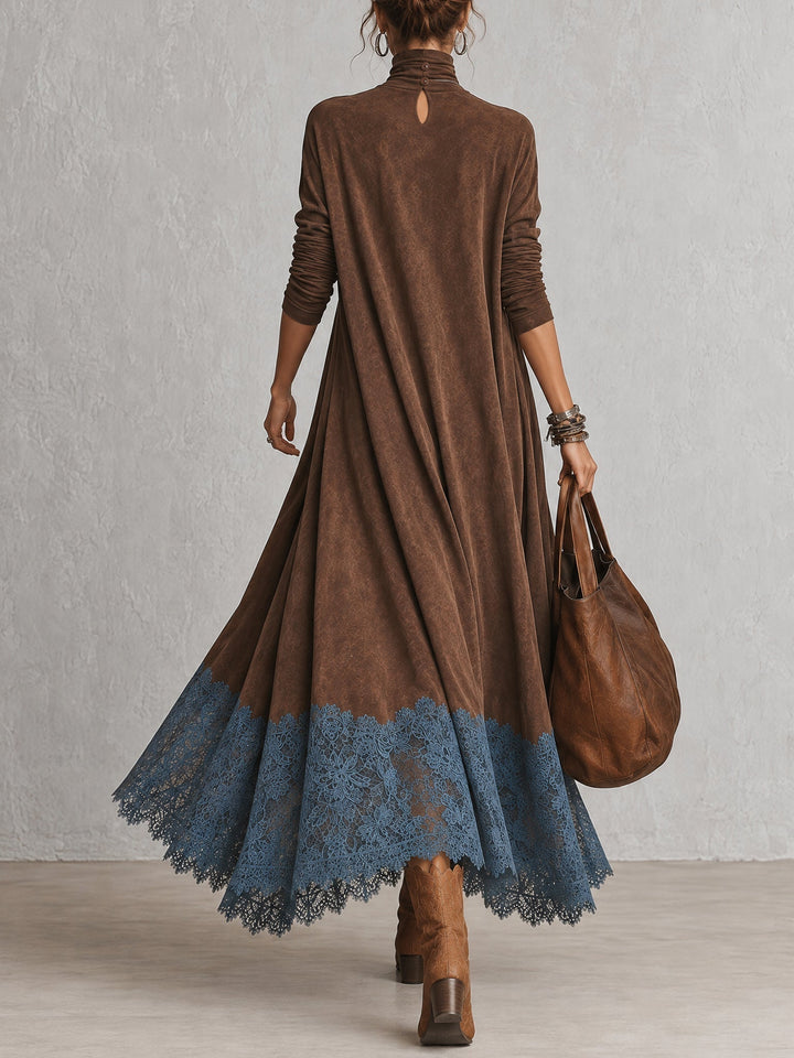 Maelis - Velvety Lace-Trim Maxi Dress