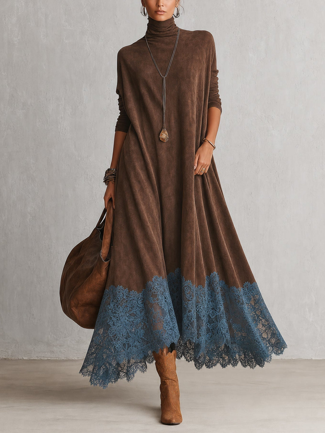 Maelis - Velvety Lace-Trim Maxi Dress