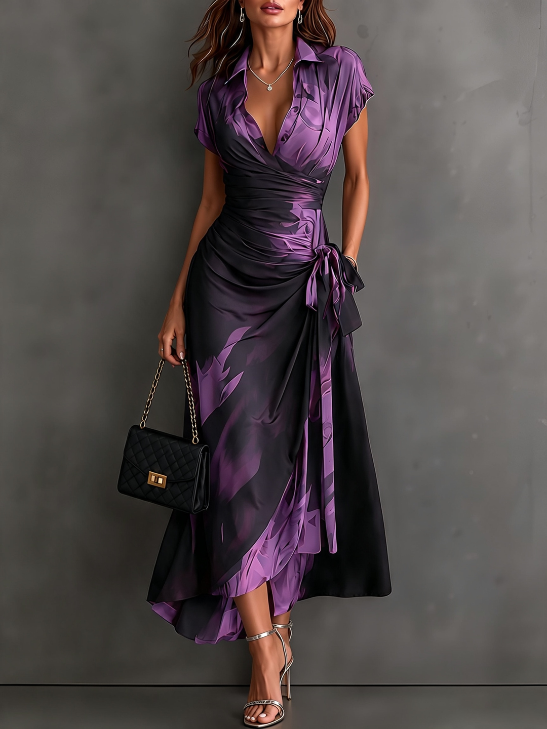 Roselle - Silky-Drape Shirt-Collar Maxi Dress