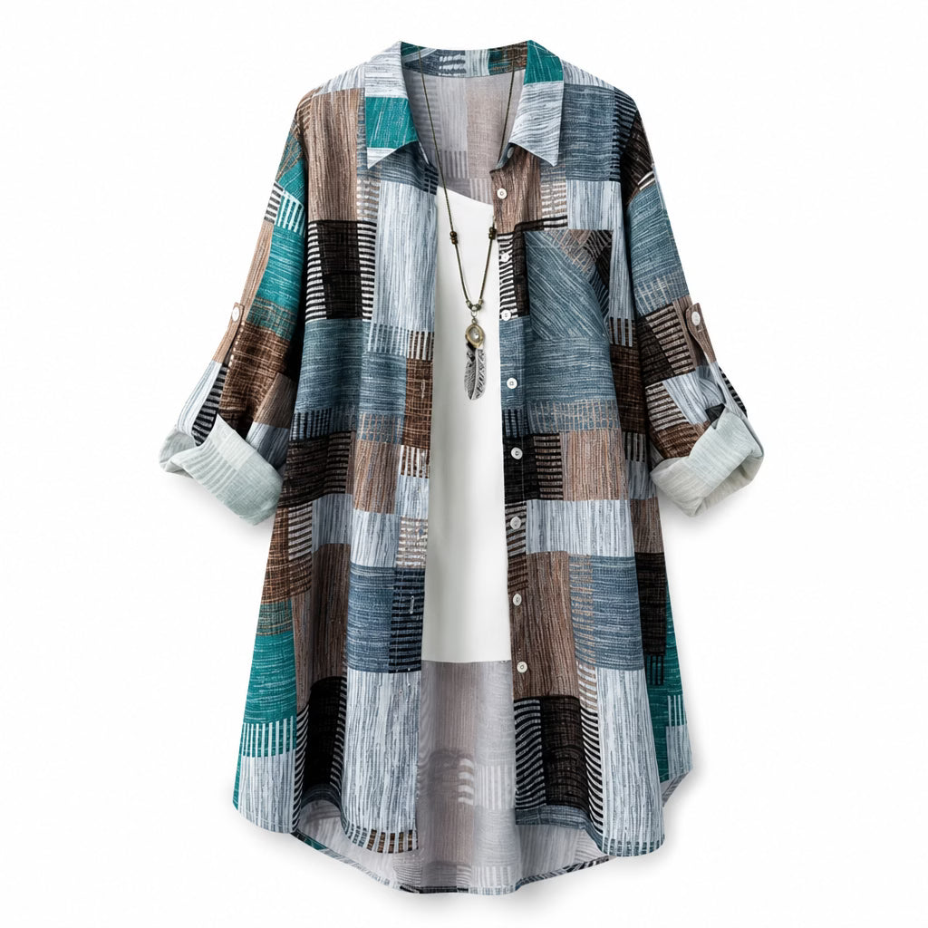 Nia - Patchwork Print Longline Shirt Jacket