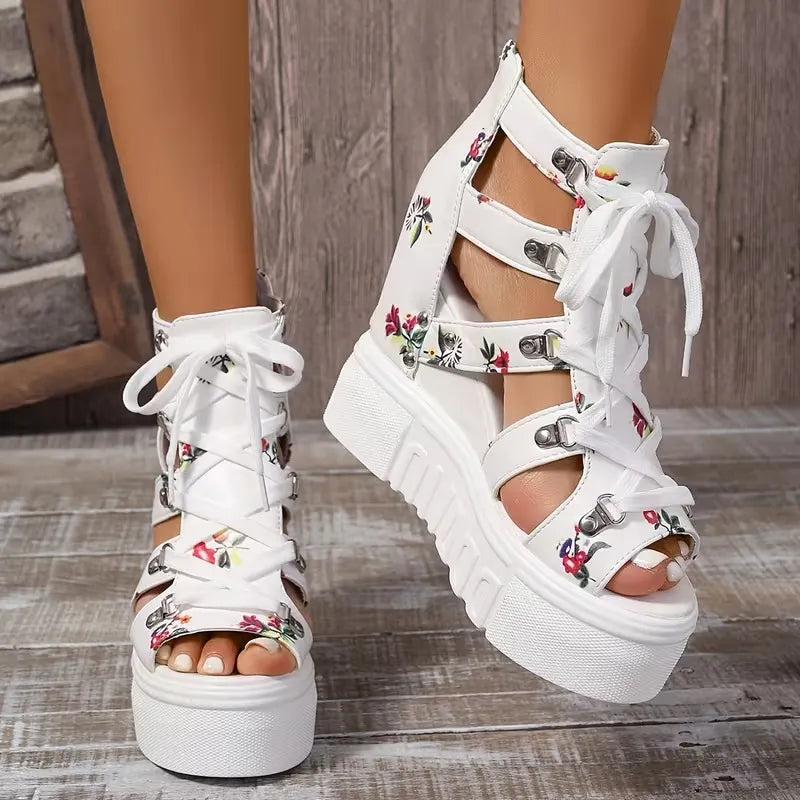 Gaelina - Floral Lace Up Platform Sandals
